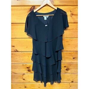 PATRA  Sz.8 Black Dress 5 Layers Big Ruffles Lined V-Neck Shoulder Wide Collar
